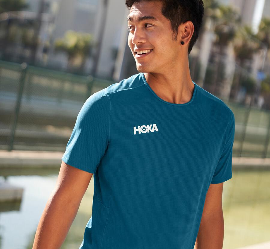 Top Hoka One One Masculino Azuis - Performance Manga Curta - 130-NEWFRG